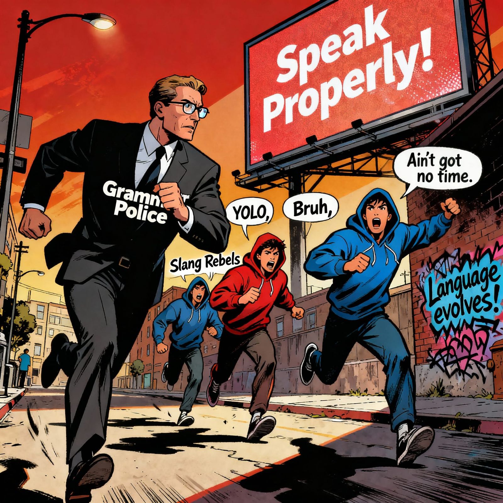 Comic Book Scene: Grammar Police Chase Slang Rebels