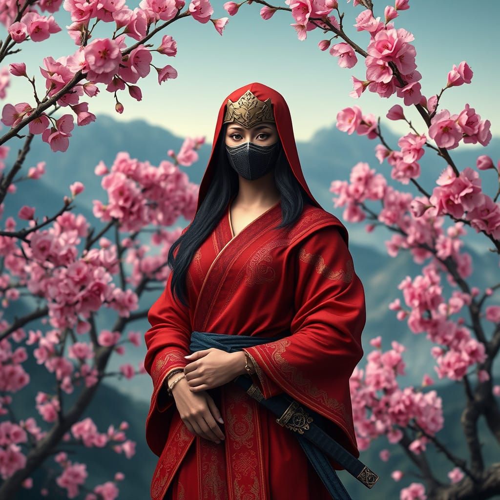 Enigmatic Ninja Mona in Cherry Blossom Splendor