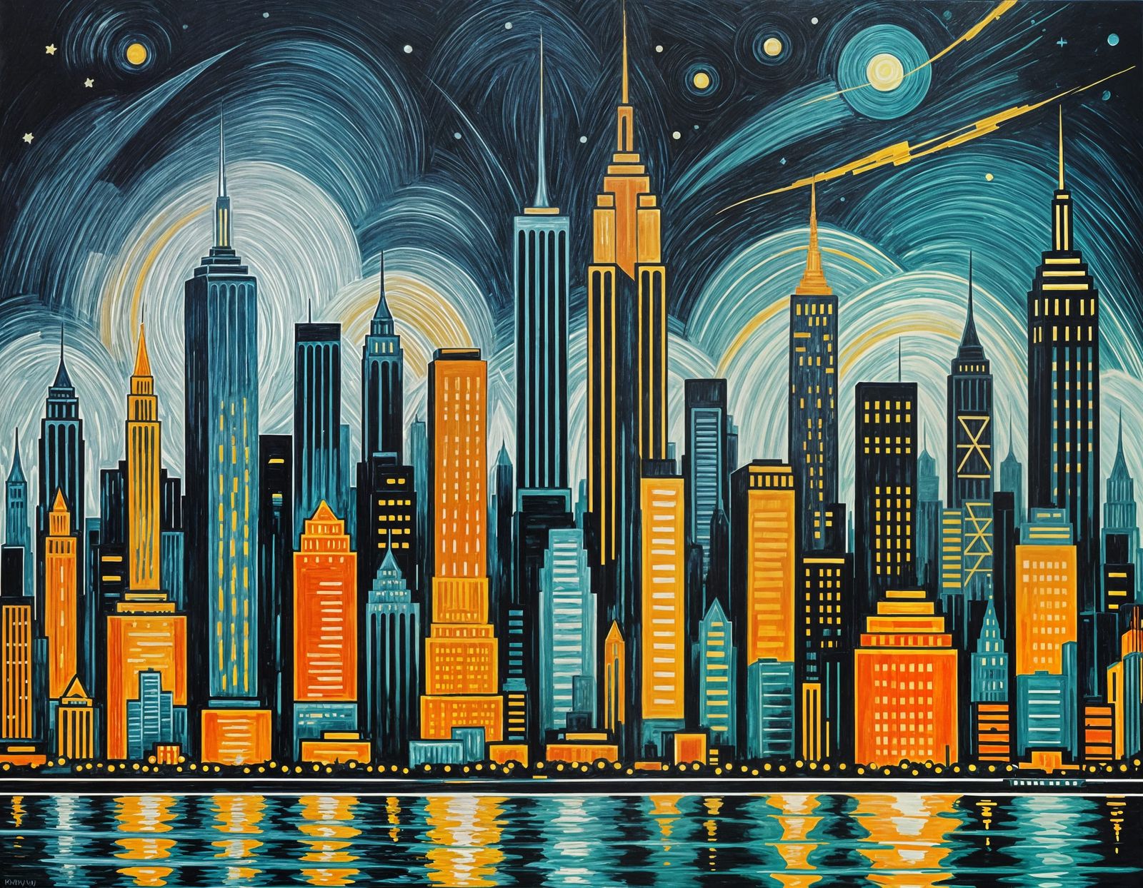 Art Deco Night Skyline Painting of New York