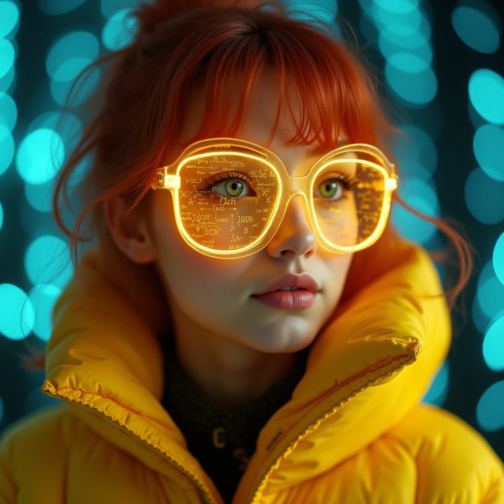 Red-Haired Woman with Glowing Glasses and Math Projections