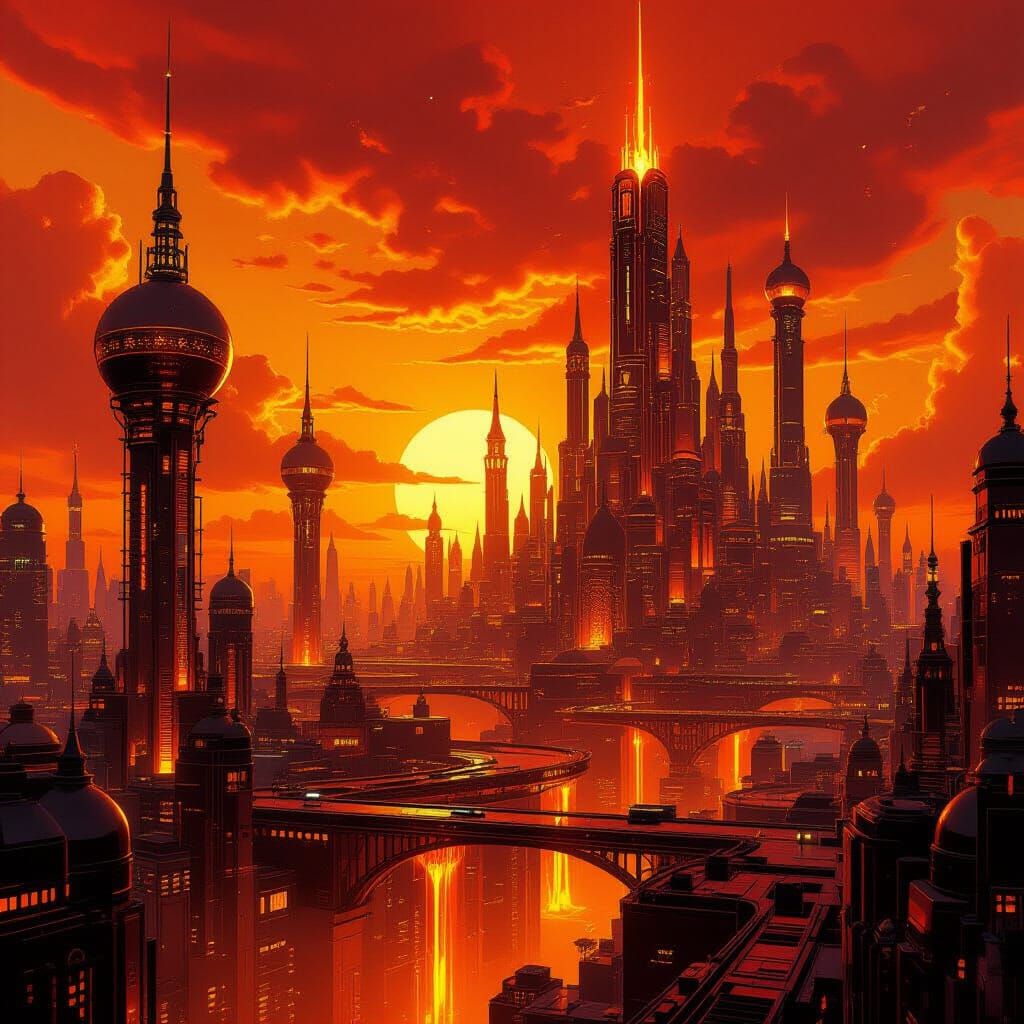 Afro-Futurist City of Copper and Flame in Digital Painting S...