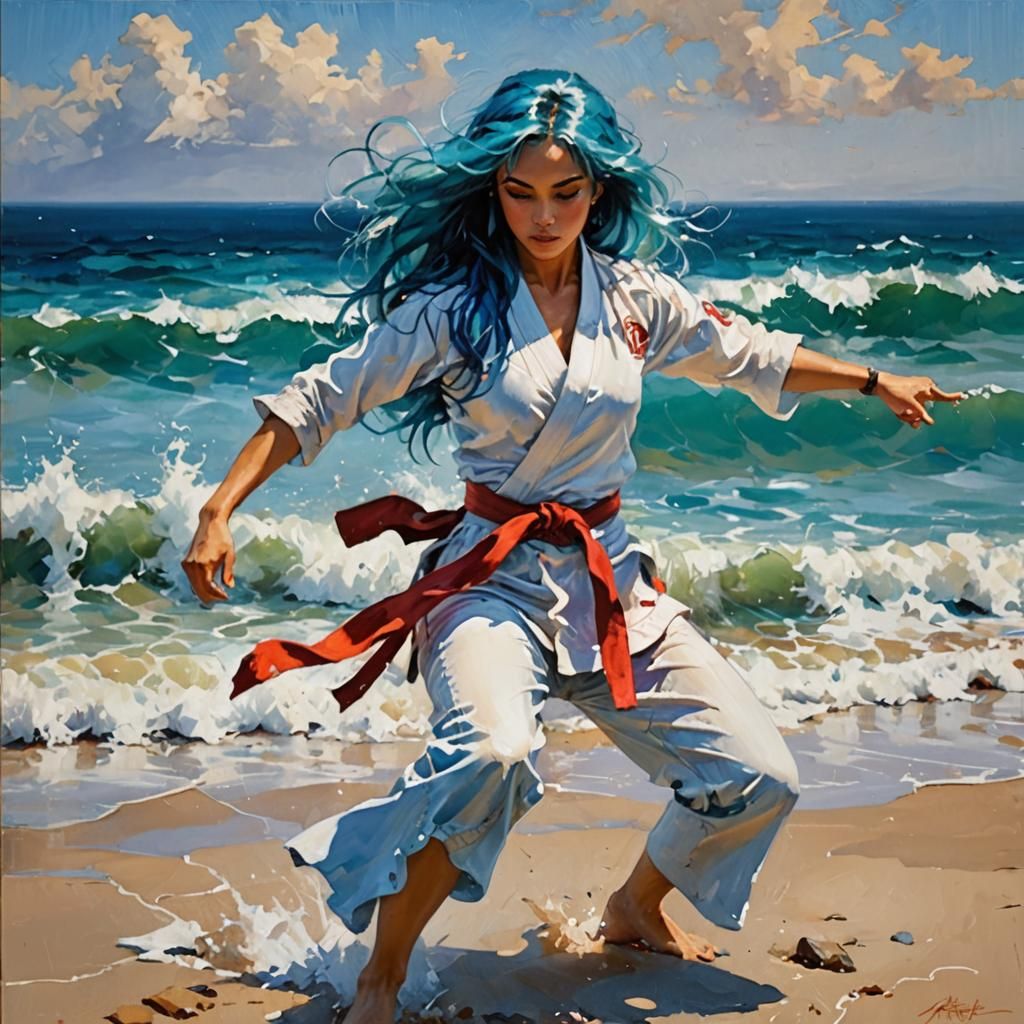 Female Martial Artist with Flowing Blue Hair