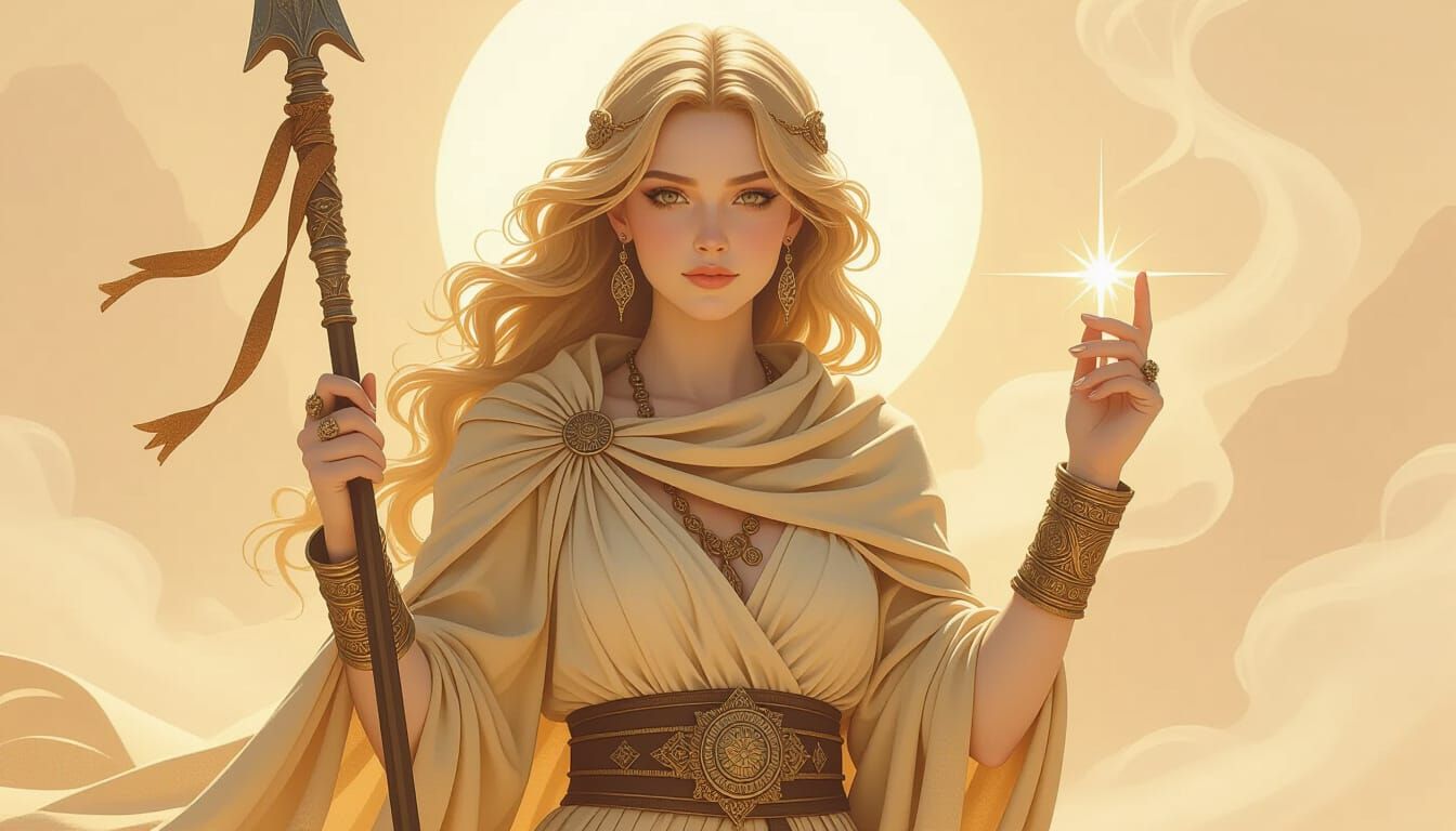 Sandstone Muse With Light Spear in Desert Mist