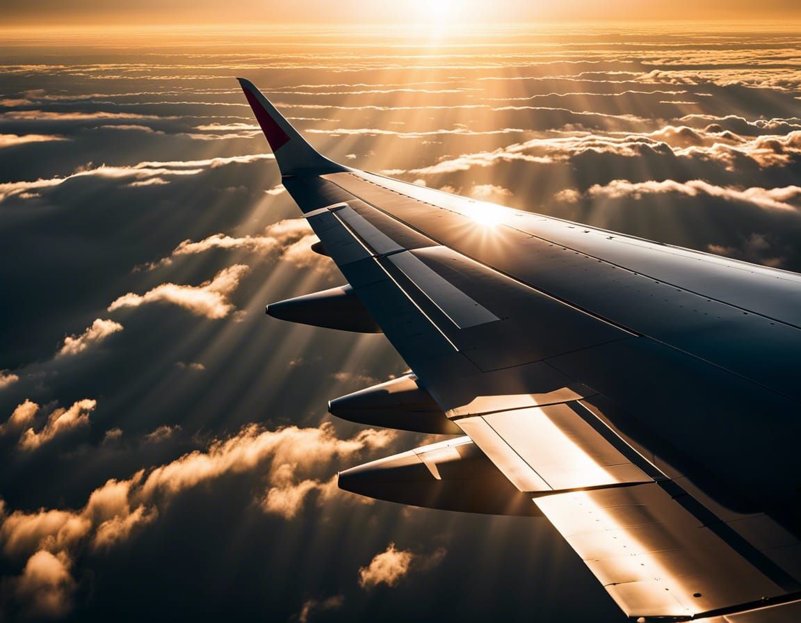 Airplane Wing Soaring Through Clouds in Sunlight