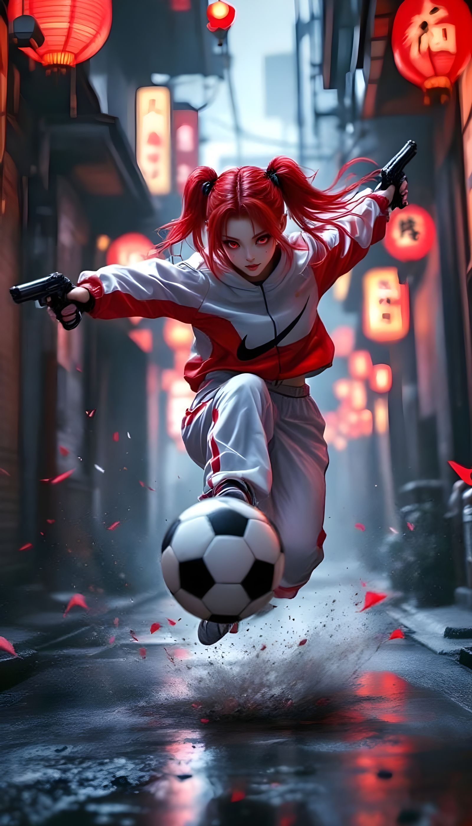Anime Girl Kicking Ball in Japanese Alley