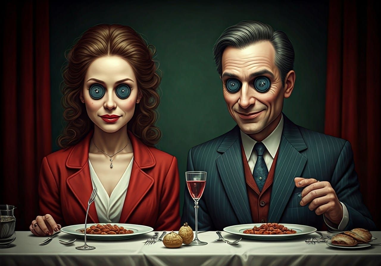 Eerie Surreal Portrait of Smiling Couple with Button Eyes