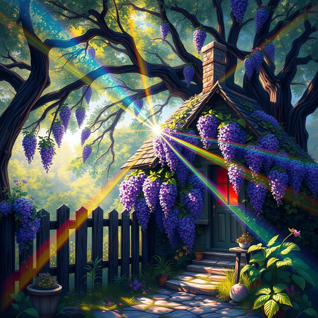 Quaint Cottage with Wisteria and Rainbow Light