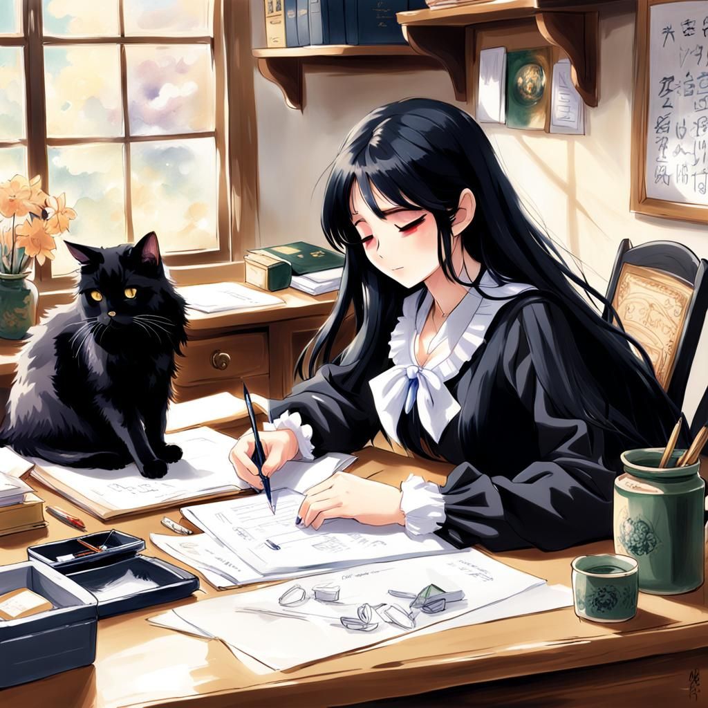 Girl with Cats at Desk in Impressionist Style
