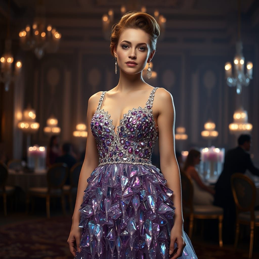 Woman in Crystal Dress in Grand Ballroom