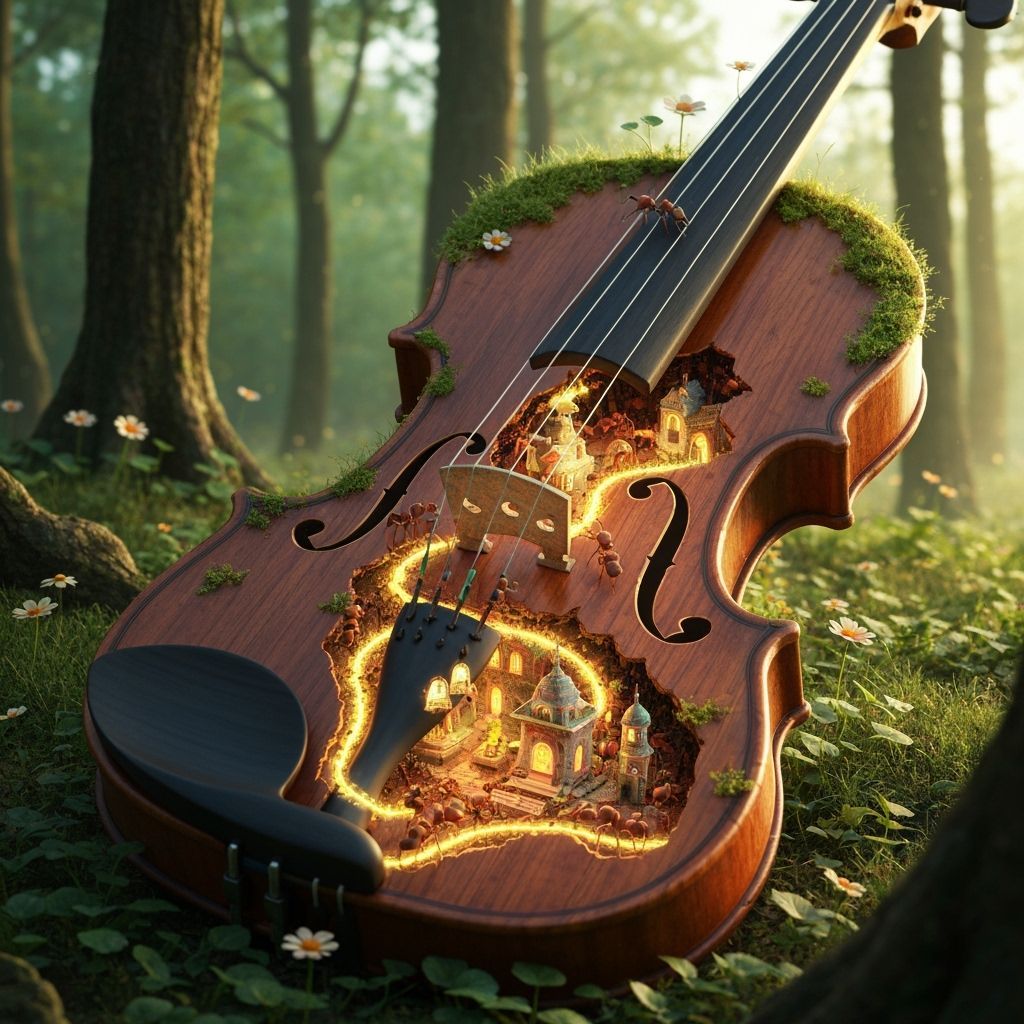 Abandoned Violin Home to Ant Kingdom in Lush Forest