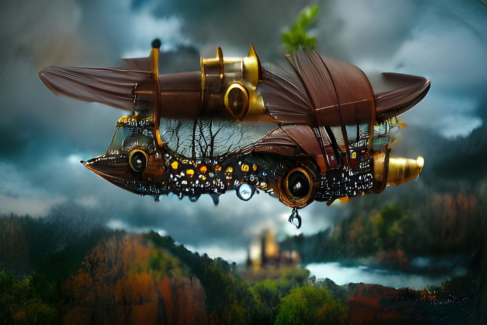 Steampunk Zeppelin Over Elven Cathedral: Digital Illustratio...