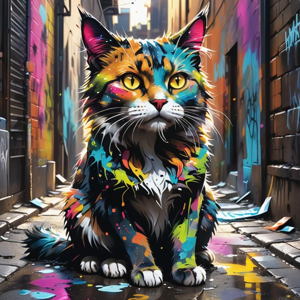 Colorful Cat-Woman in Sunlight, Digital Art