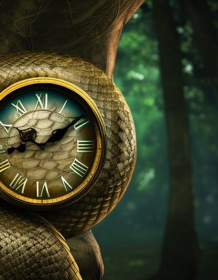 Clock Wrapped in Snake: Hyperrealistic Concept Art