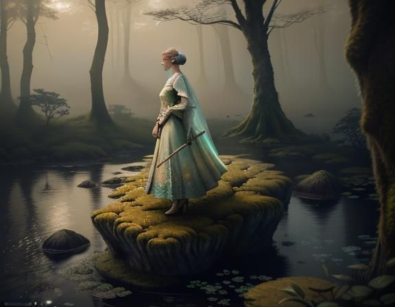 Female Amphibioid on Misty Lake in 3D Cinematic Style