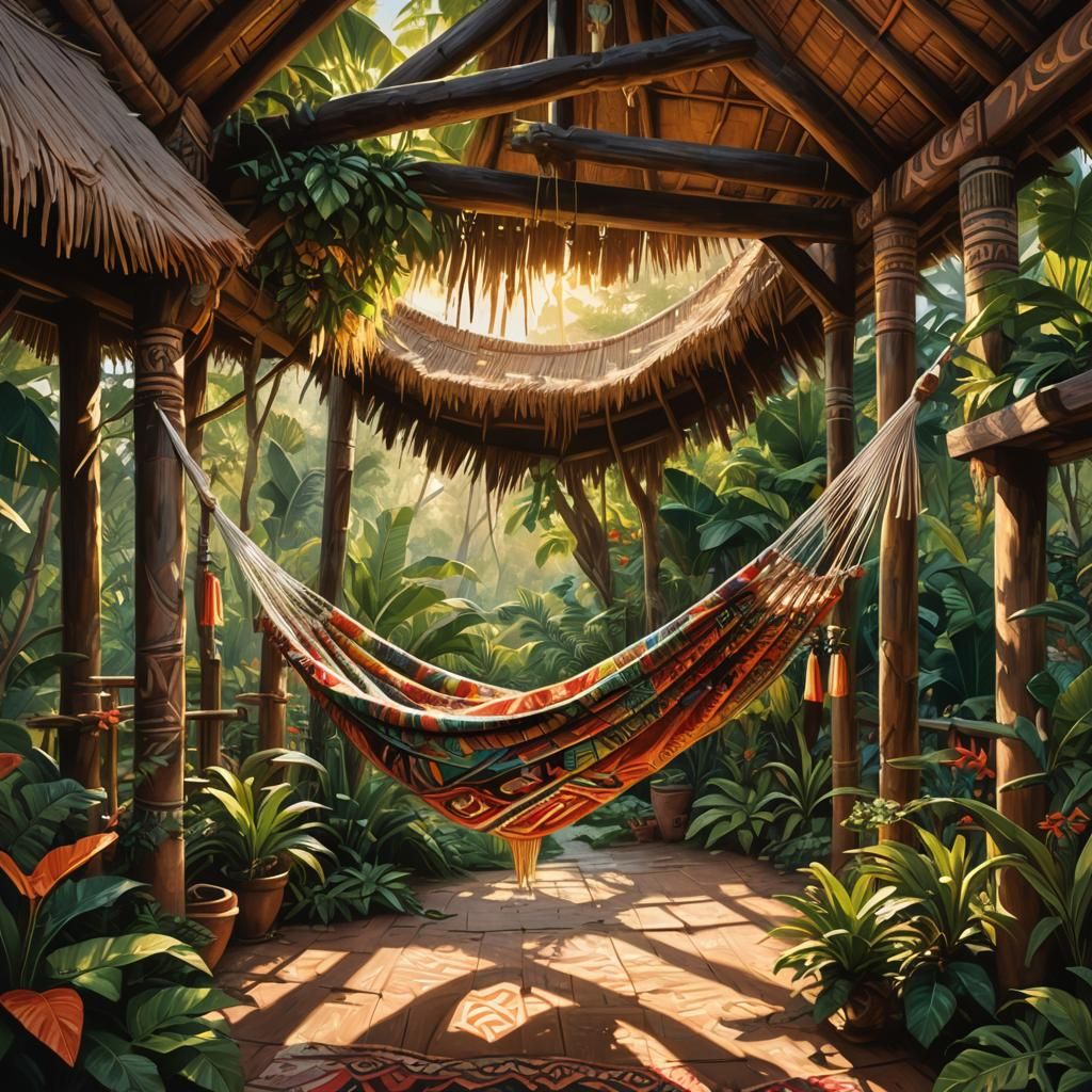 Ugandan Hut with Hammock: Tropical Surrealism in Acrylic