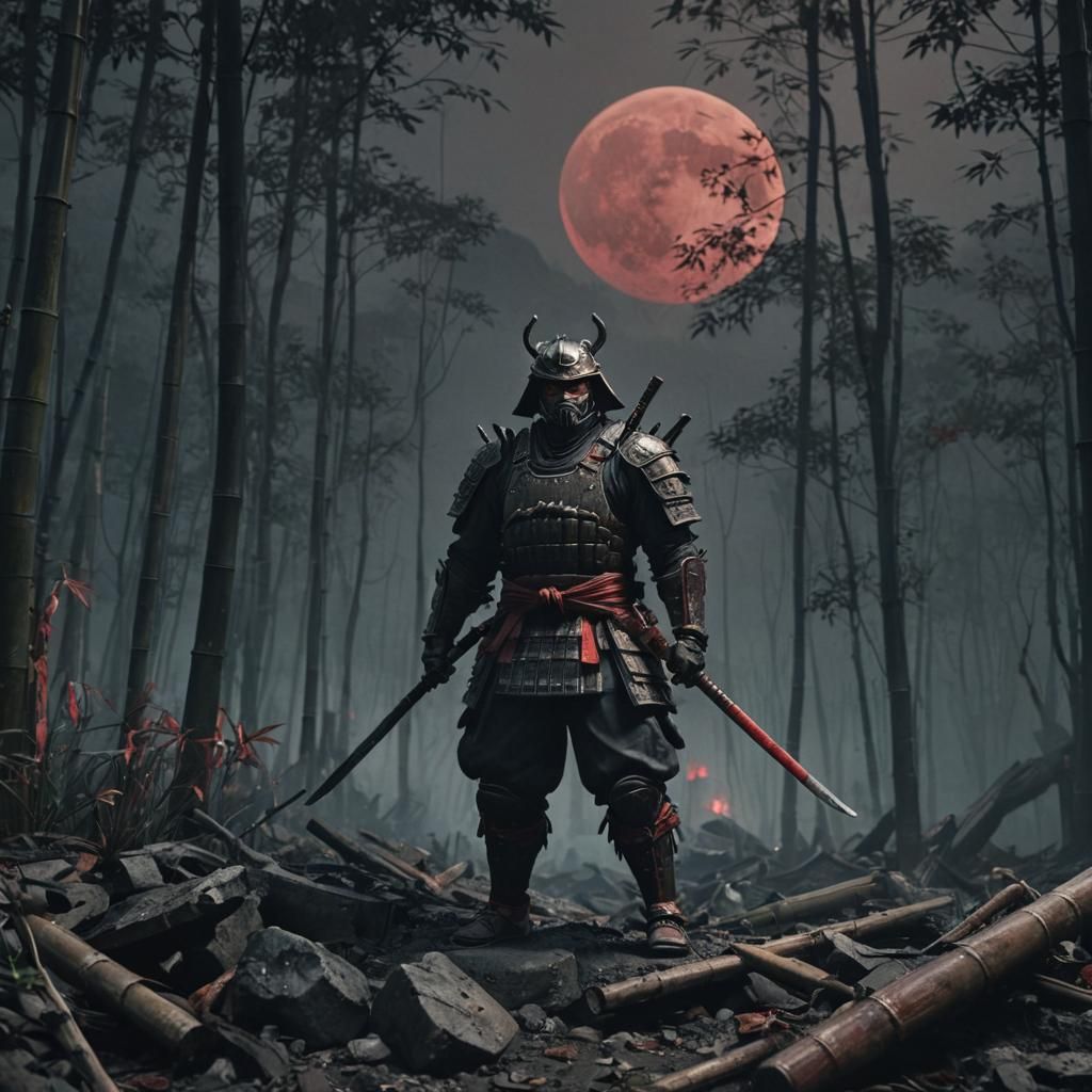 Samurai in Dark Japanese Forest Under Red Moon