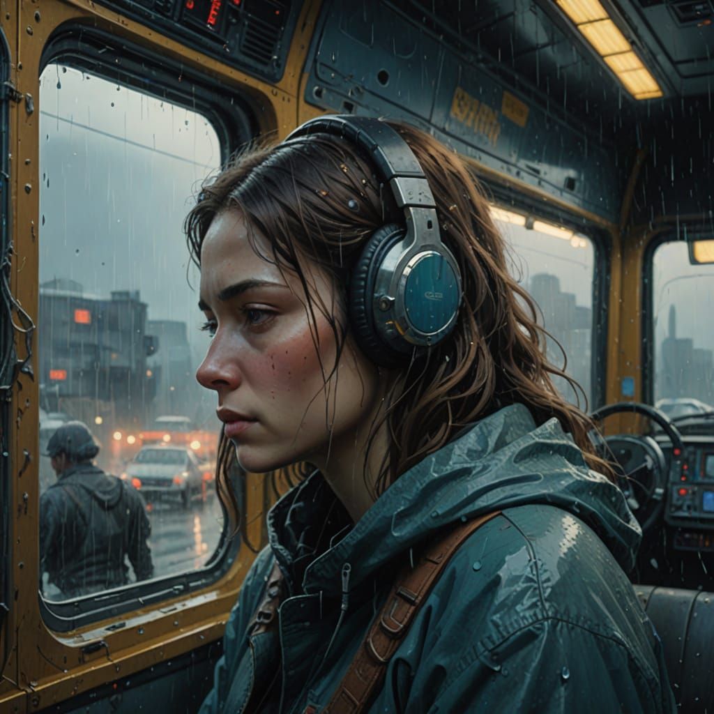 Dreamy Woman on a Bus as Digital Impasto Painting