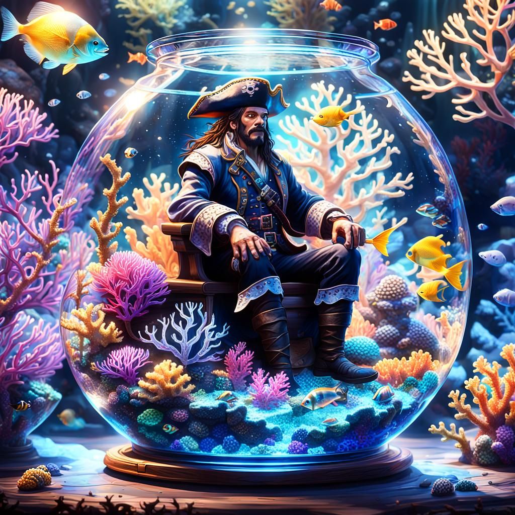 Pirate in Bioluminescent Coral Bowl: Fantasy Art