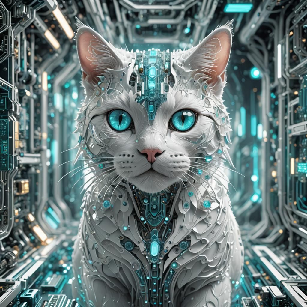 cat made of white circuit board crystal plastic transparent glow cyan eyes glowing flare; crystal background; white frac...