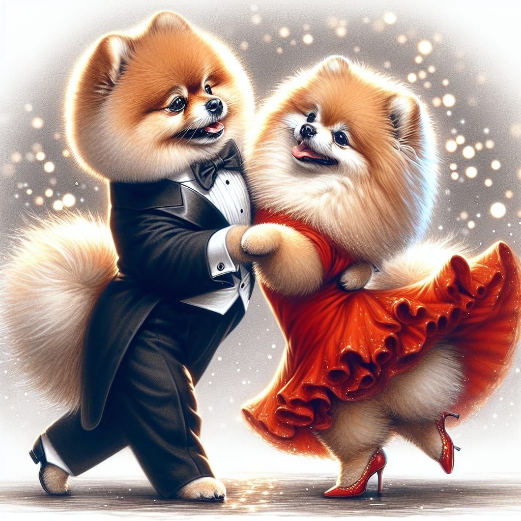 Fluffy Pomeranians Perform Vintage Tango on Sparkling Backgr...
