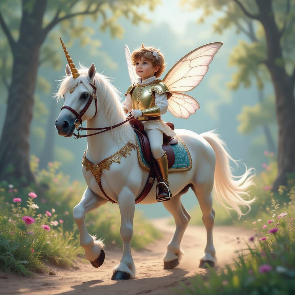 Fairy Knight and Unicorn in Ethereal Landscape