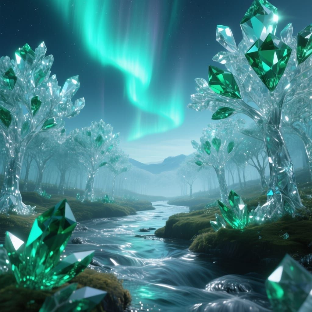 Crystal Forest Landscape with Diamond Trees and Silver River
