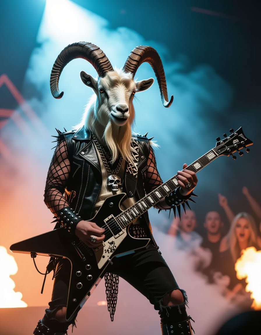 Death Metal Goat Sings Under Spotlight in Concert Photo
