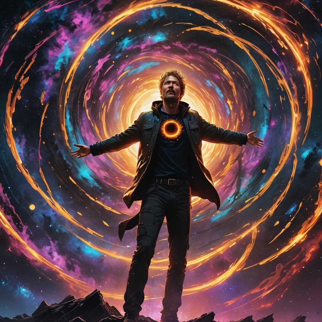 Cosmic Klaus Embraces Black Hole in Surreal Art