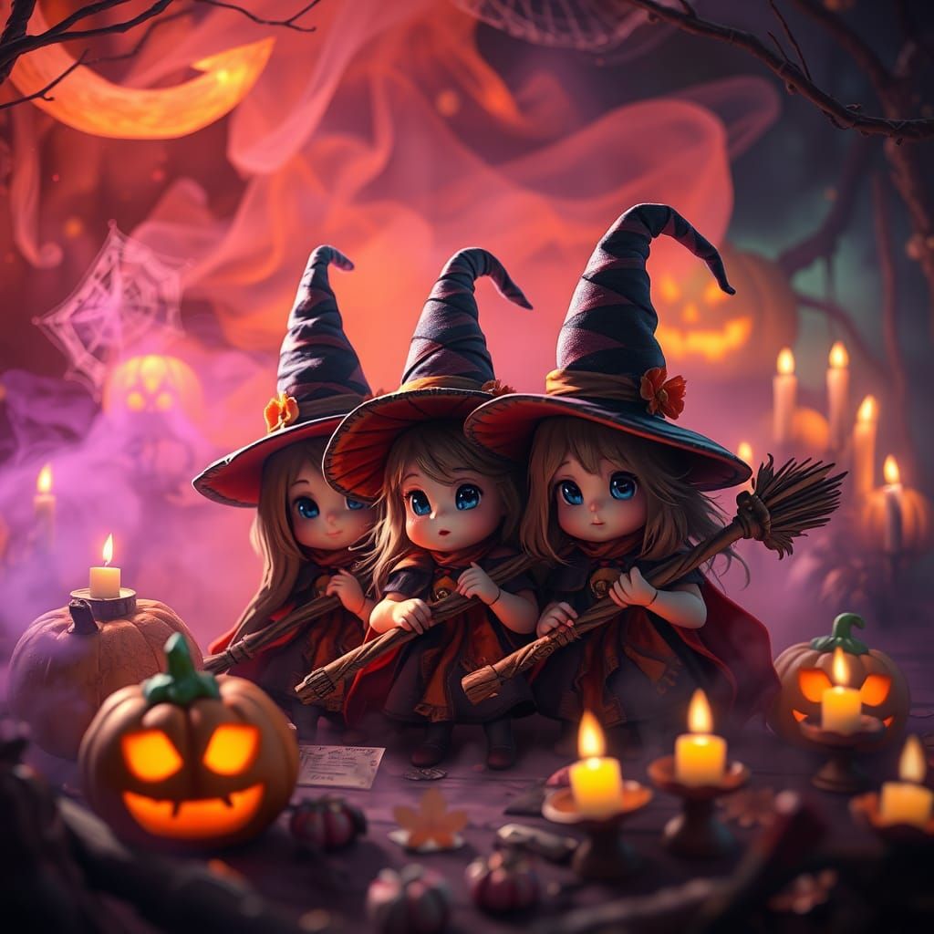 Enchanting Baby Witches' Halloween Party in Fantasy Art Styl...