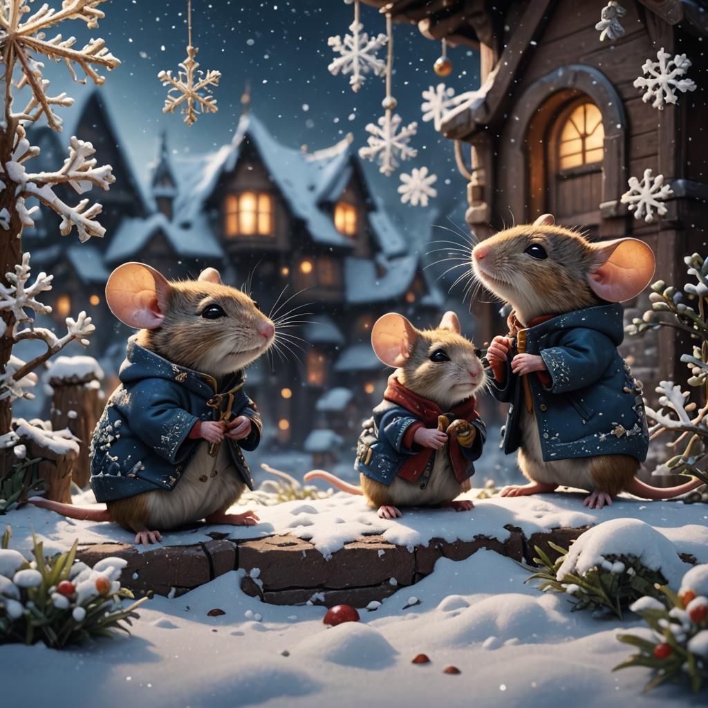 Mice Admiring Snowflakes in Detailed Matte Painting