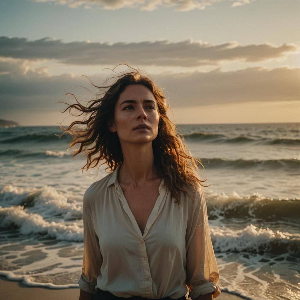 Woman on Beach at Sunset in Cinematic Style