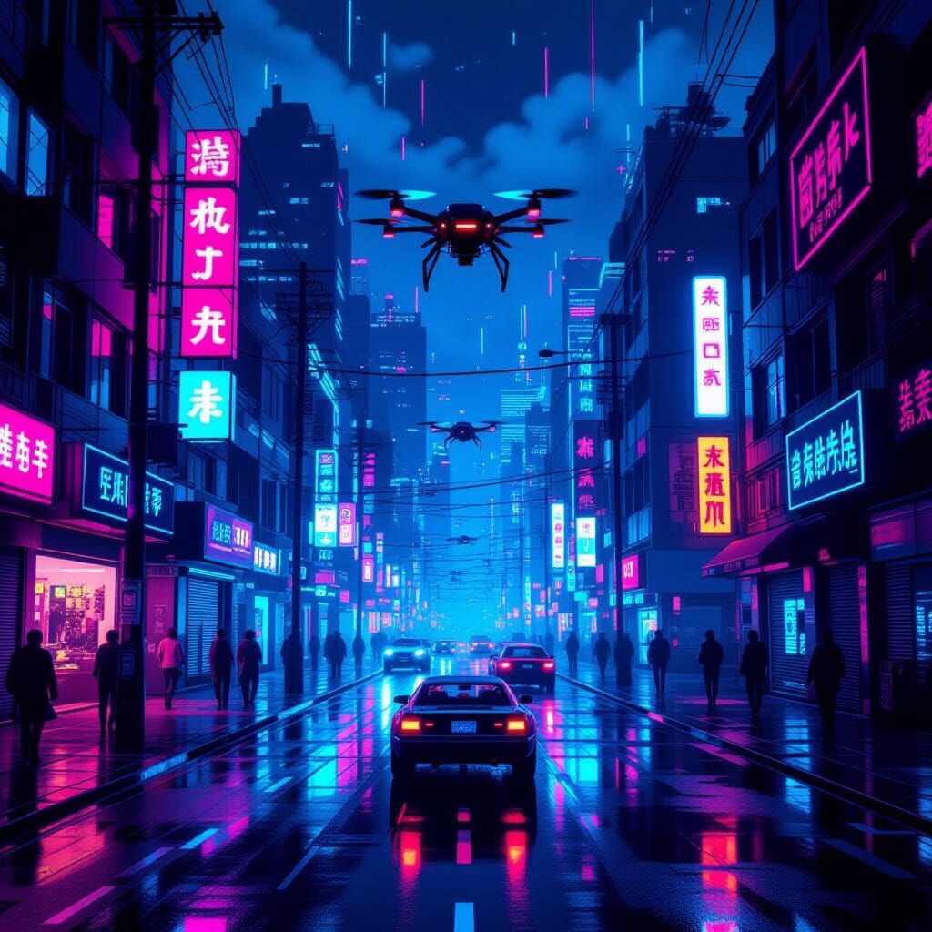 8-Bit Neon Streets with Glitching Drones