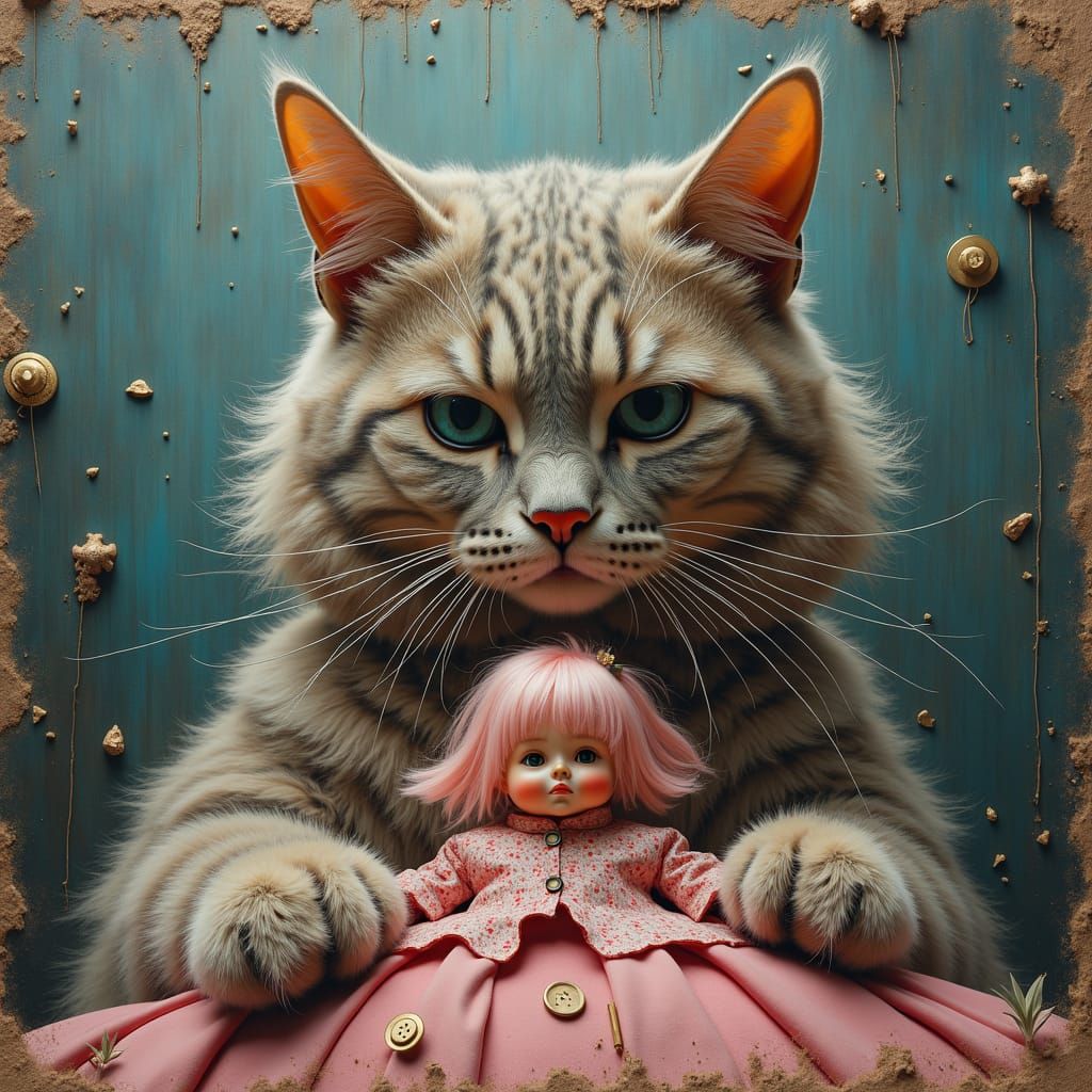 Cyberpunk Cat and Pink-Haired Woman: Impasto Art