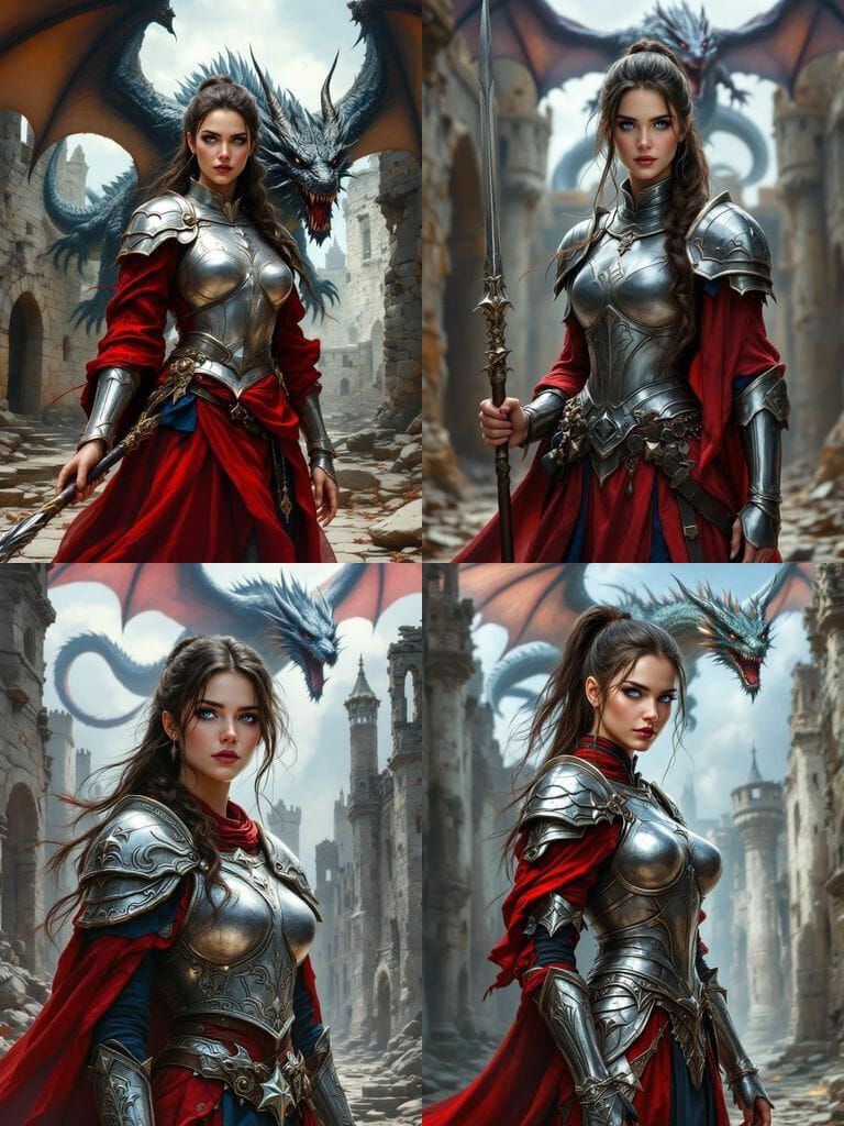 Priestess in Silver Armor Battles Dragon Over Ruined Castle