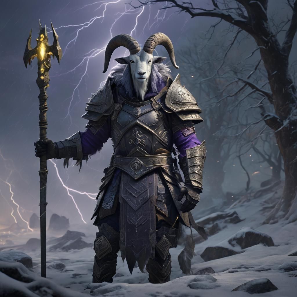 Goat Warrior in Lightning Storm: Digital Fantasy Art