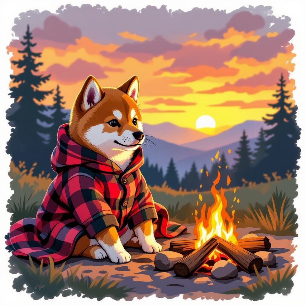 Shiba Inu Pup Camping at Sunset in Anime Style