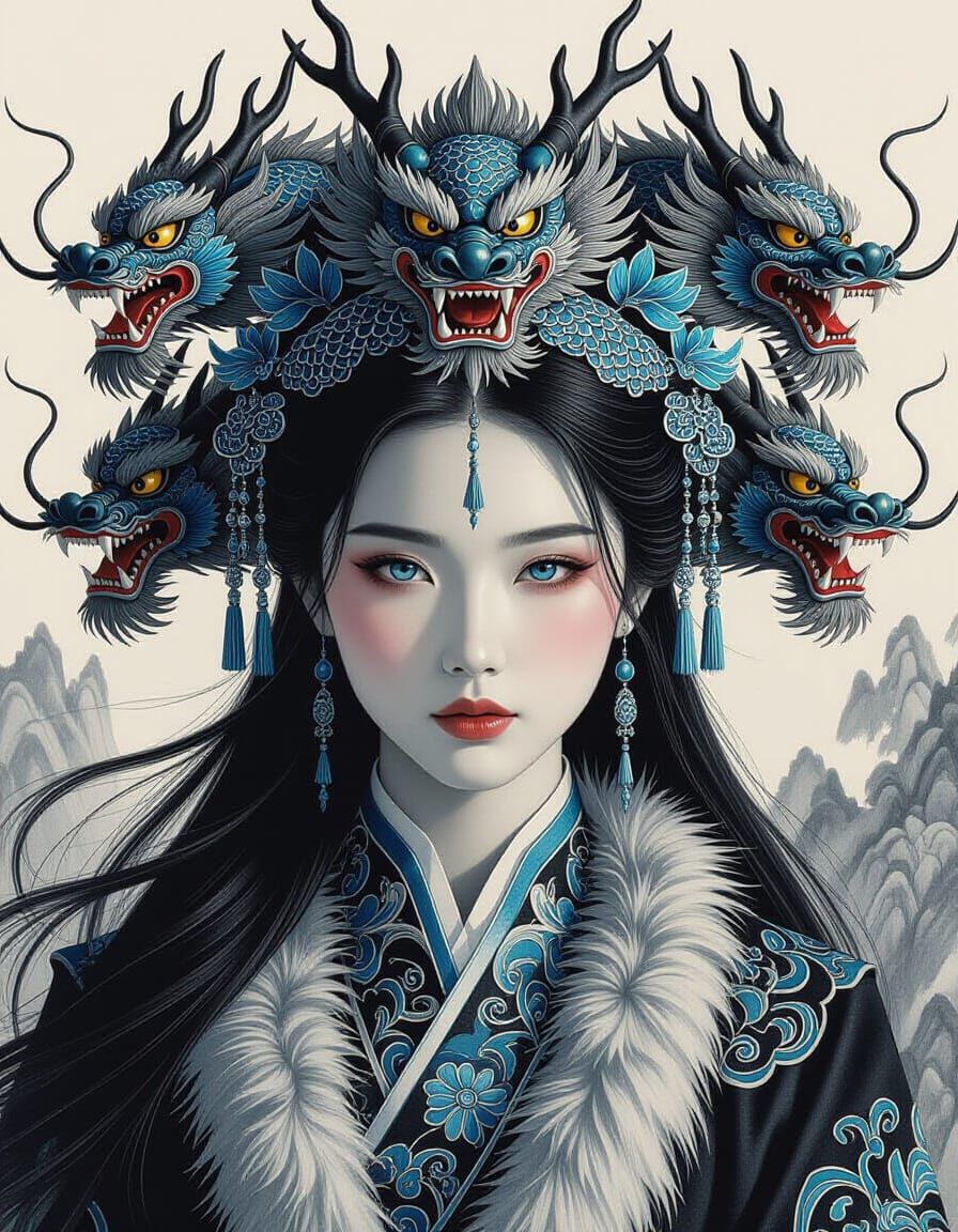 Charcoal Portrait of Woman with Dragon Headdress