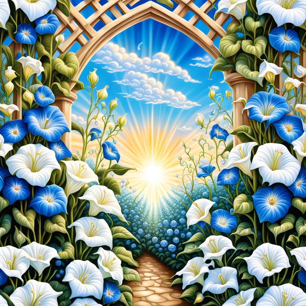 Hyperdetailed Airbrush Art of Morning Glories at Sunrise
