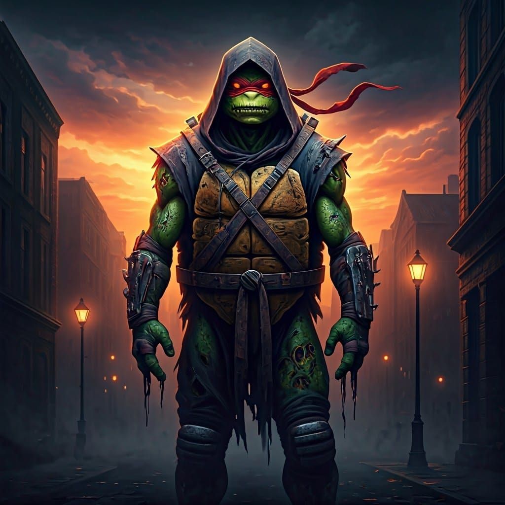 Neon Zombie Ninja Turtle in Apocalyptic Cityscape