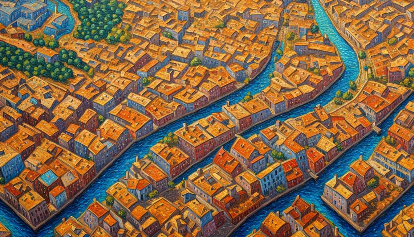 Expressionist City Map in Neo-Impressionistic Oil Painting