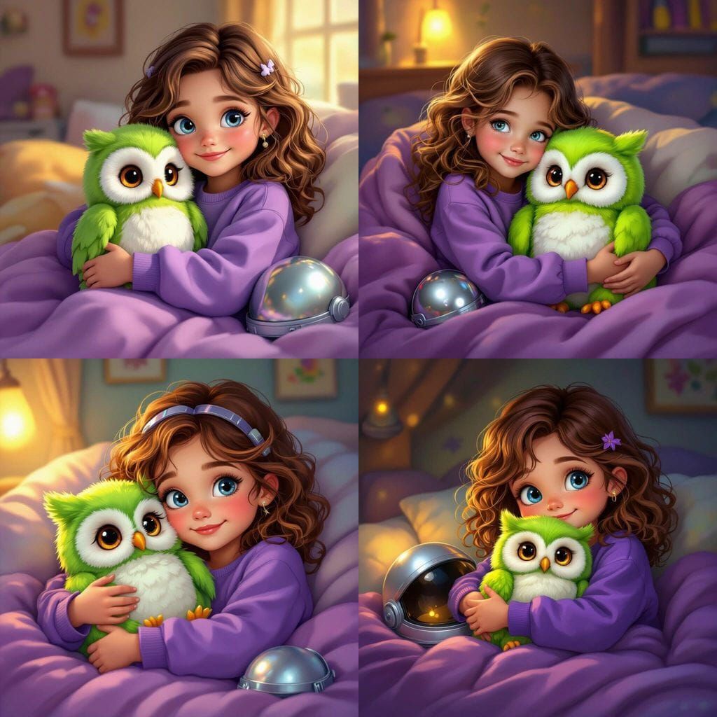 Girl Snuggles Green Owl in Cozy Room Illustration
