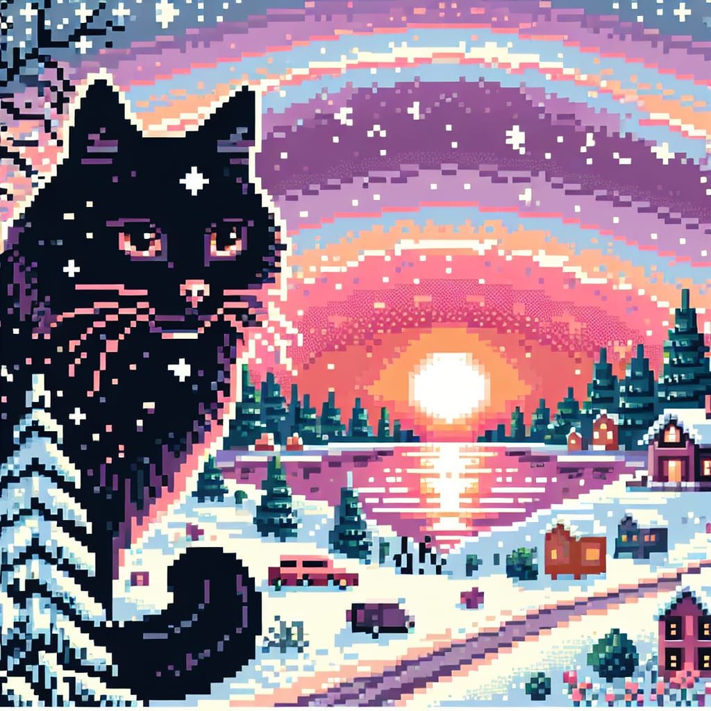 Pixel Art Black Cat in Winter Sunset Landscape
