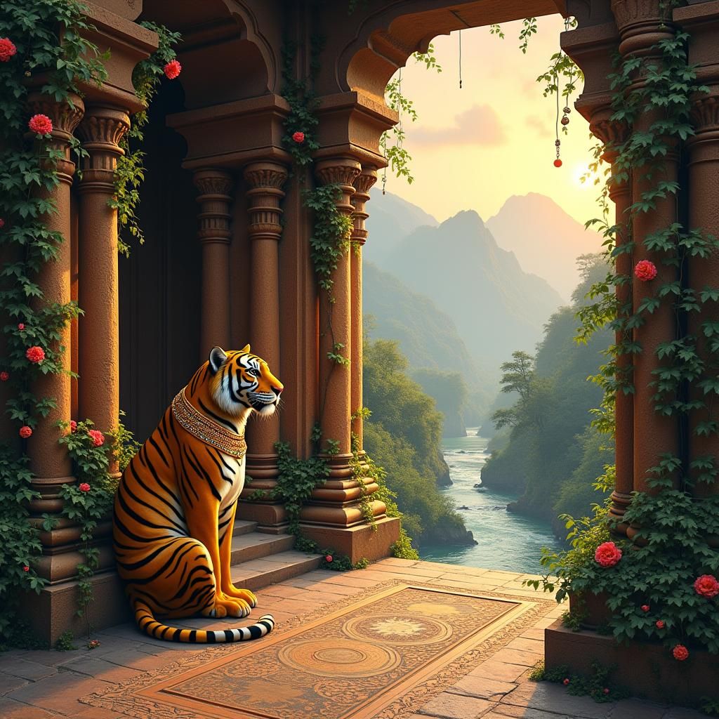 Majestic Tiger Guardian at Ancient Temple Entrance