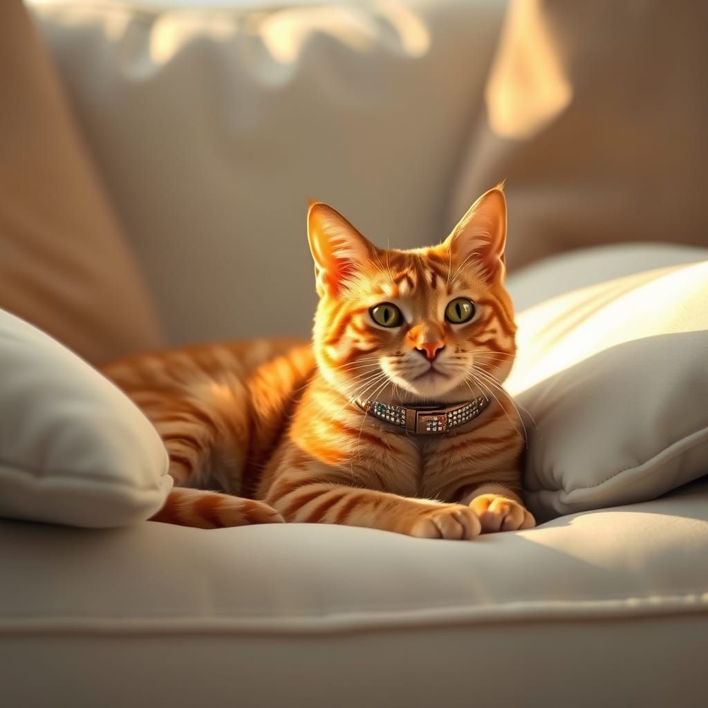 Orange Tabby Cat on Plush Couch, Digital Art