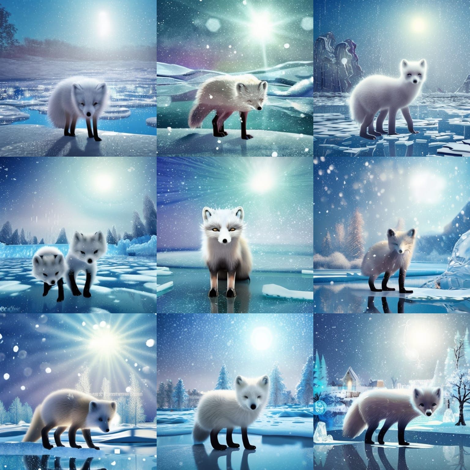 Cute Arctic Fox in Snowy Art Nouveau Landscape
