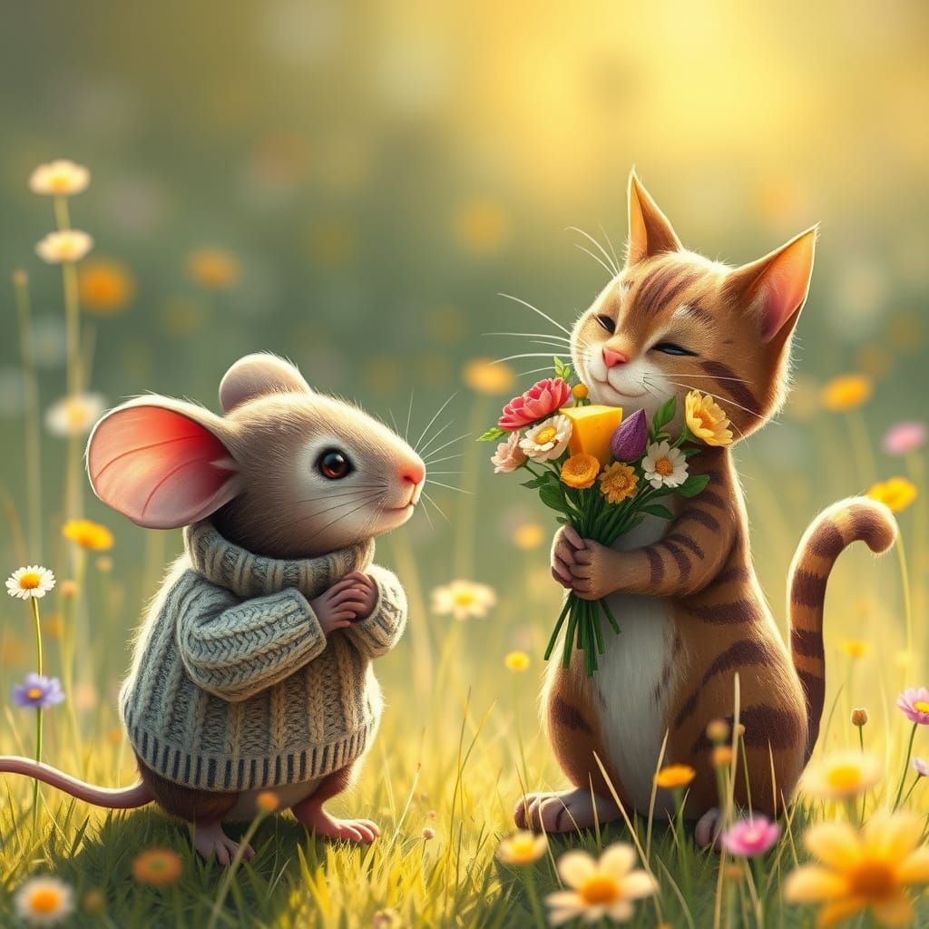 Mouse Refuses Cheese Bouquet in Whimsical Meadow