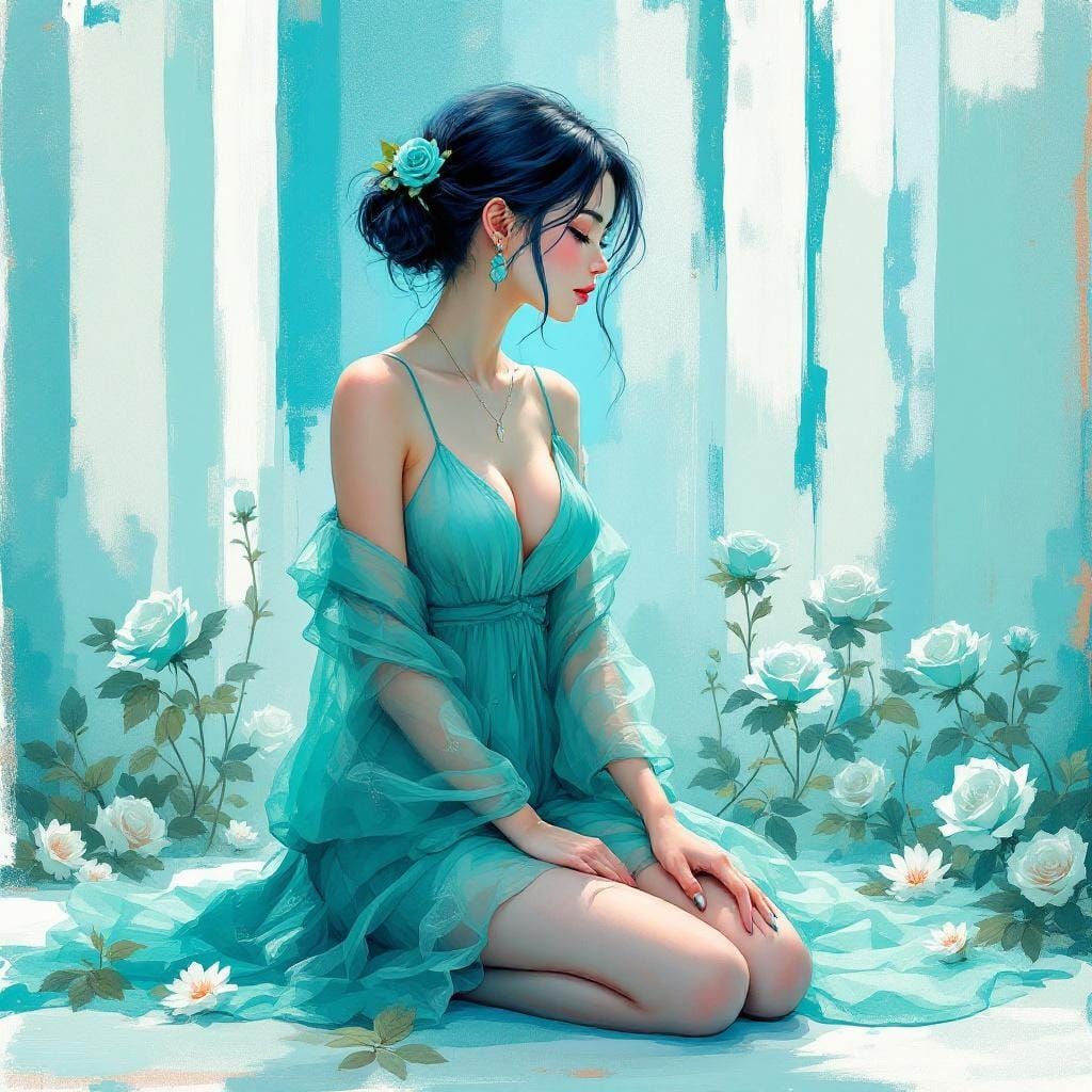 Anime Woman with Turquoise Rose in Impressionist Scene