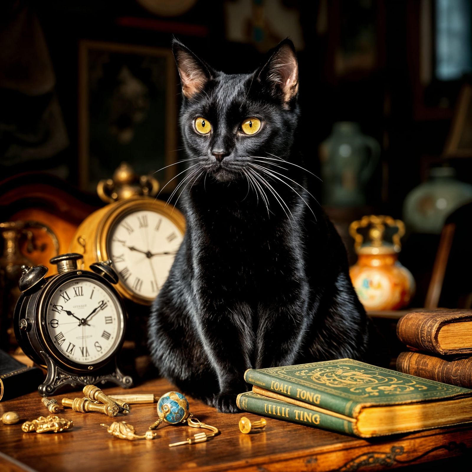 Elegant Black Cat Sits Regally on a Table Amidst Clocks, Boo...