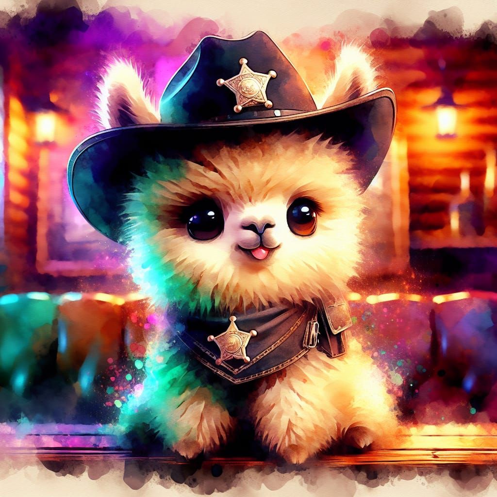 Kawaii Sheriff Llama Watercolor Painting