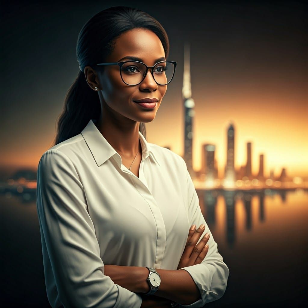 Professional Woman in Futuristic Floating Island Scene